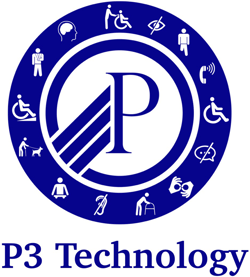 P3 Technology logo, blue accessible technologies represented around the P in a circle.
